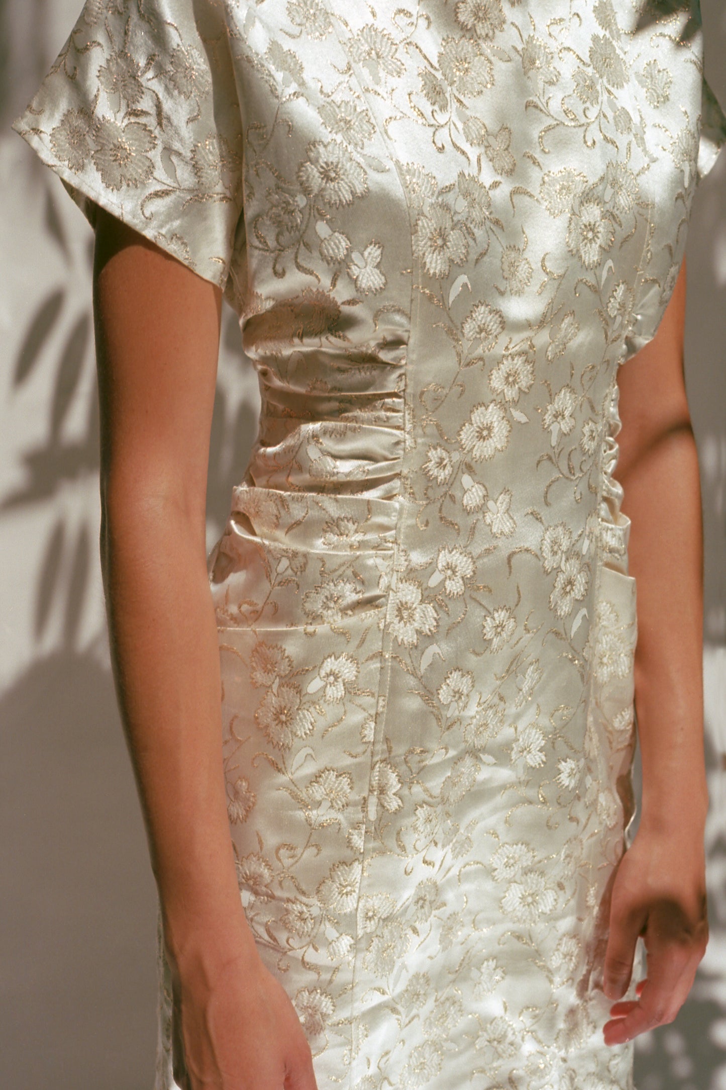 1980s White & Gold Satin Brocade Dress